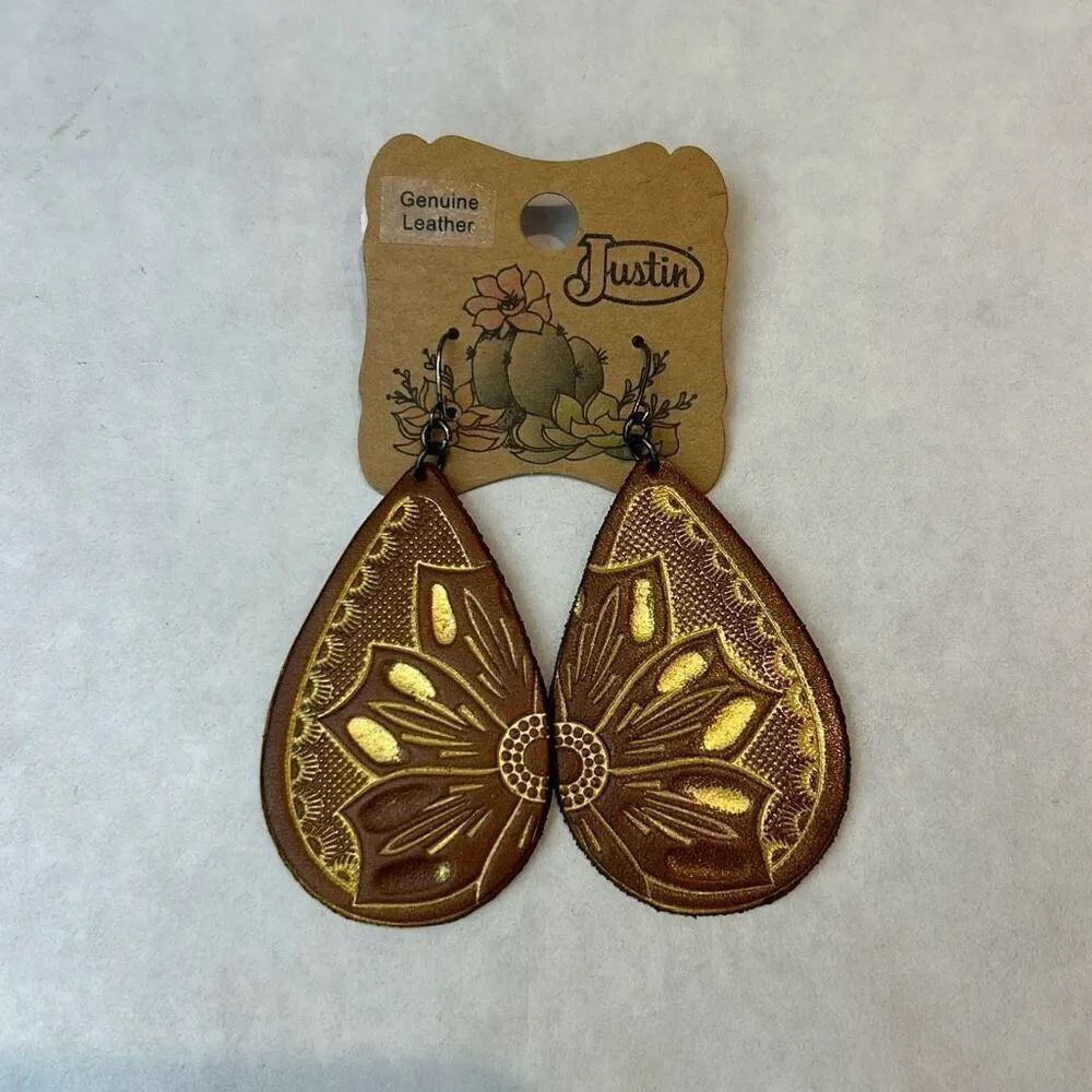 NEW Justin Leather Earrings Southwest Western Brown Flower Floral Gold Tone